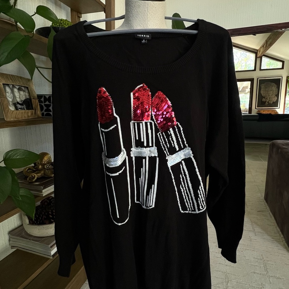 Torrid Black Top with Red Sequin Lipstick Design
